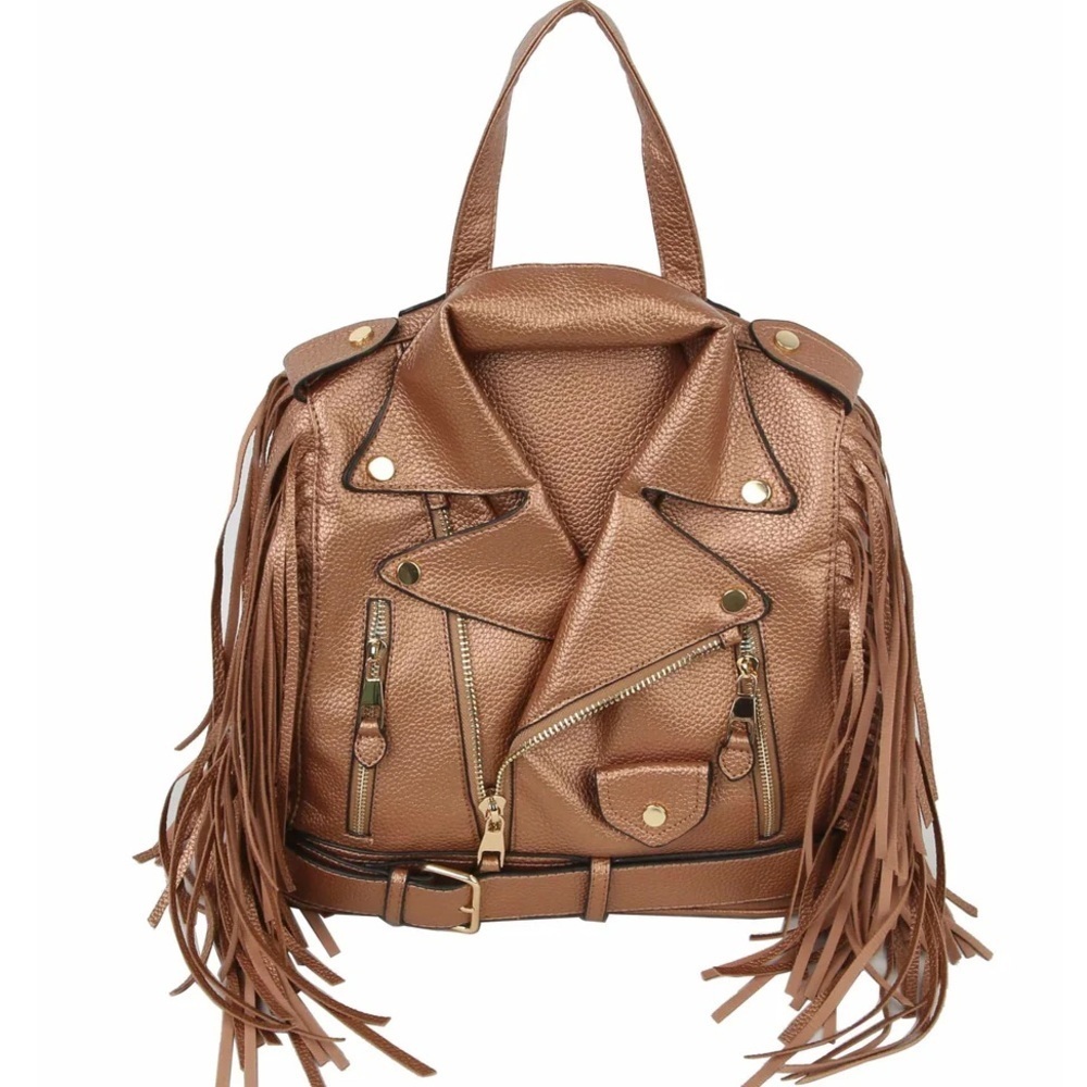 Fringed Bronze/ Copper- Color Vegan Faux Leather Motorcycle Jacket Backpack - Picture 1 of 3